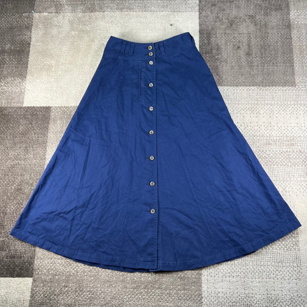 Y2K Lizwear Womens Navy Blue Button Front A-Line Midi Skirt Size 8 Cotton 100%